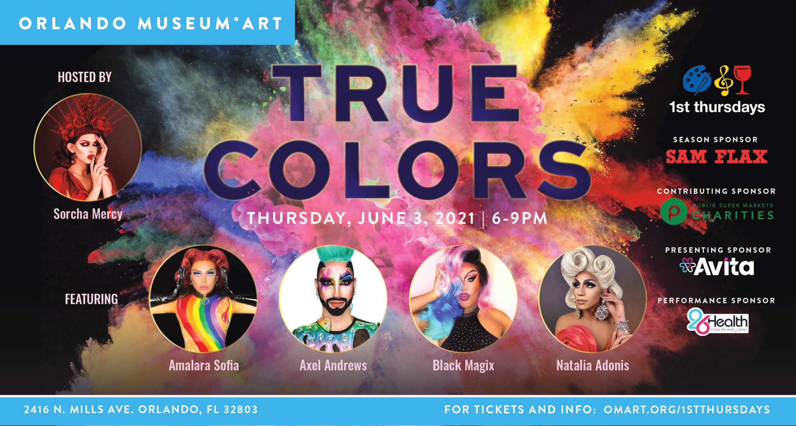 Event flyer for True Colors featuring portraits of performers in colorful clothing and hair