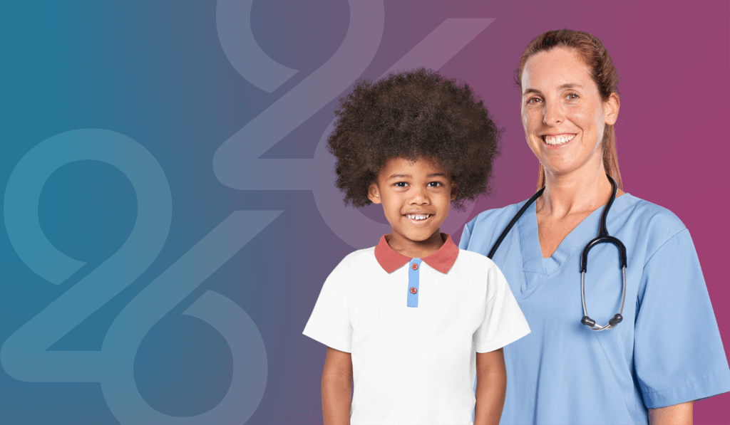 Small child wearing white polo and doctor posing with blue scrubs on