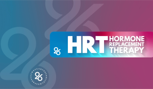 A gradient background in teal and pink accents the text "HRT Hormone Replacement Therapy" in large white letters on a blue-to-pink banner. A small, circular logo with "2%" complements the design, while an enlarged, partially visible version creates depth. Perfect for a wellness clinic in Orlando focused on health.