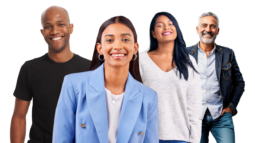 Four people are standing side by side, smiling at the camera, promoting health and wellness in Central Florida. From left to right: a bald man in a black t-shirt, a woman with long dark hair in a blue blazer, a woman with black hair wearing a white sweater, and a man with gray hair in a denim jacket.