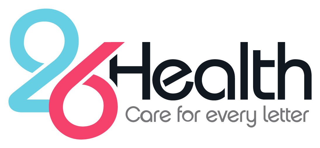 The image displays the 26Health logo, featuring the number "26" in a flowing style. The "2" is light blue and the "6" is pink. Next to the number is the word "Health" in black text, with the tagline "Care for every letter" written underneath in gray text, emphasizing wellness in Central Florida.