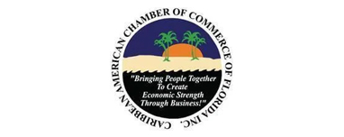 Logo of the Caribbean American Chamber of Commerce of Florida, Inc. It features a circular design with a sunset, palm trees, and sand in the center. Text reads "Bringing People Together To Create Economic Strength Through Business" in Central Florida.