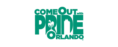 A green logo with the text "Come Out with Pride Orlando." The word "Pride" features stylized graphics within the letters, including a fountain in the 'P' and a tall building in the 'I', representing central Florida's vibrant spirit.