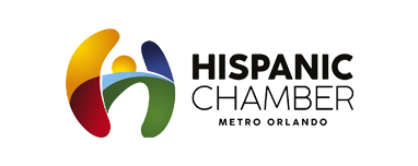 Logo of the Hispanic Chamber of Commerce of Metro Orlando. The logo features a stylized "H" with colorful curved shapes in red, yellow, green, and blue, reflecting the vibrancy of central Florida. The text "HISPANIC CHAMBER" appears in bold black letters with "METRO ORLANDO" in smaller font underneath.