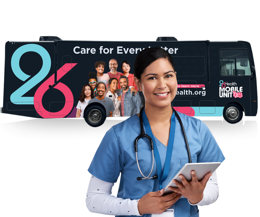 A nurse in blue scrubs holds a tablet, standing in front of a health services van decorated with diverse, smiling faces and the text "Care for Every Letter" and "9Health Mobile Unit." Promoting health and wellness in central Florida, the van features a large "9" logo and a website link, 9health.org.