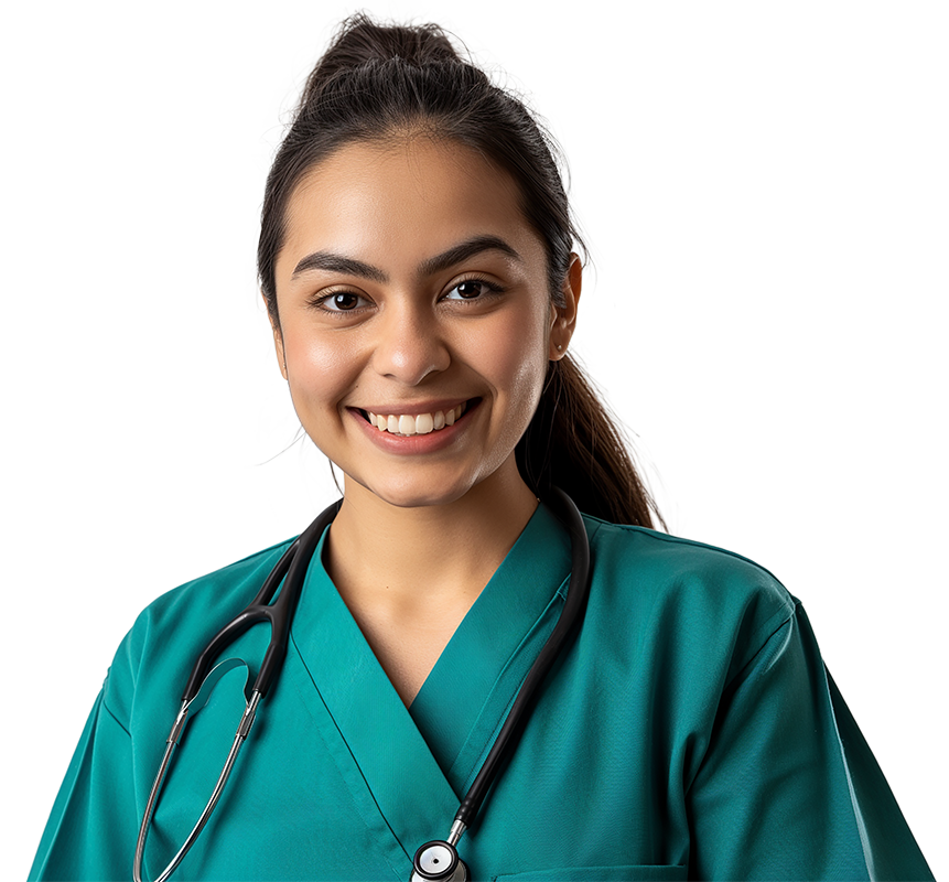 A smiling medical professional with long dark hair is wearing green scrubs and a stethoscope around her neck. She stands confidently in front of a plain white background, embodying the spirit of health and wellness in central Florida.