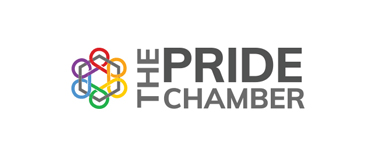 Logo of The Pride Chamber featuring the text "THE PRIDE CHAMBER" in grey. To the left, an intertwined ribbon design in red, orange, yellow, green, blue, and purple forms a hexagonal shape, symbolizing diversity and inclusivity in central Florida.