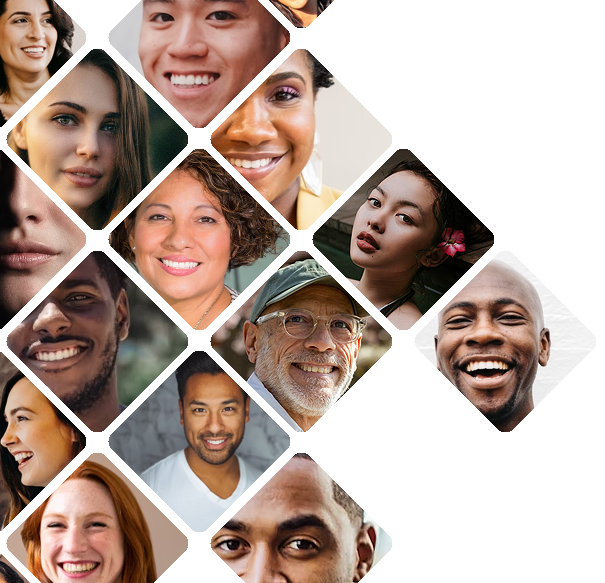 A collage of 16 diverse, smiling individuals in Orlando. The photo arrangement forms a diamond shape against a black background. Those featured vary in age, gender, and ethnicity, showcasing varied expressions and moods that reflect the city's focus on wellness and health.