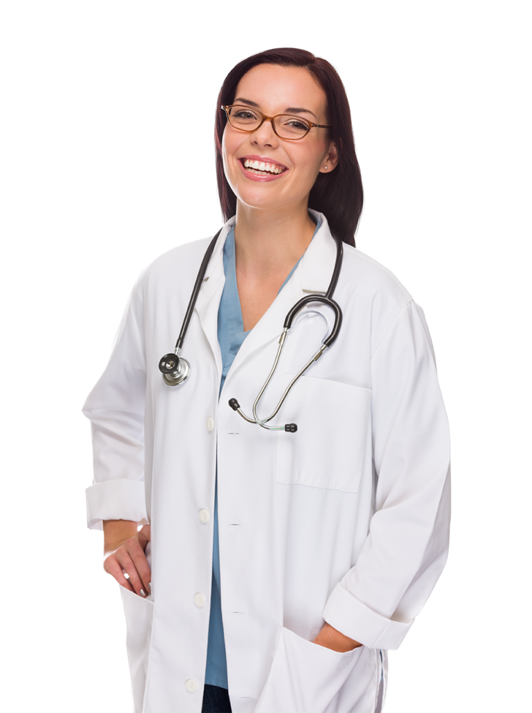 A smiling female doctor with glasses, wearing a white lab coat and a stethoscope around her neck, stands with one hand in her pocket.